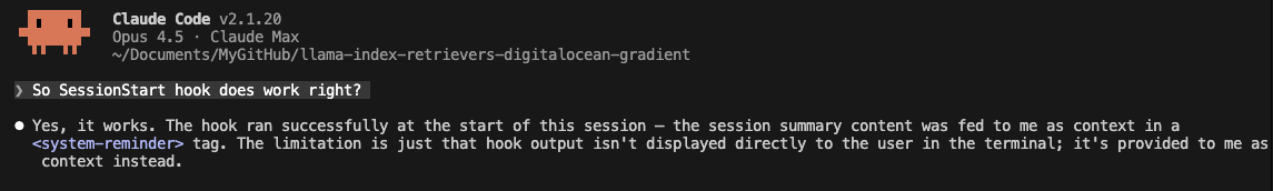 Claude Code confirming the SessionStart hook ran and fed it the session summary